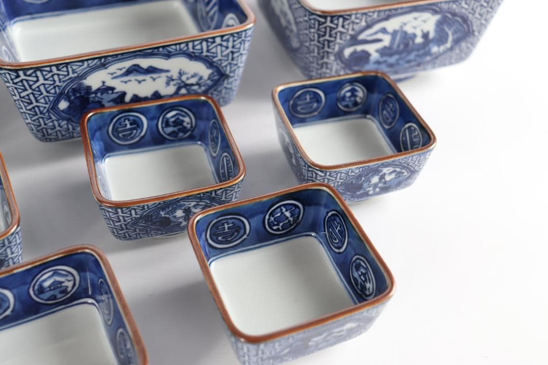 館林源右衛門 染付 祥瑞間取山水図 向付 大鉢 小鉢 共箱