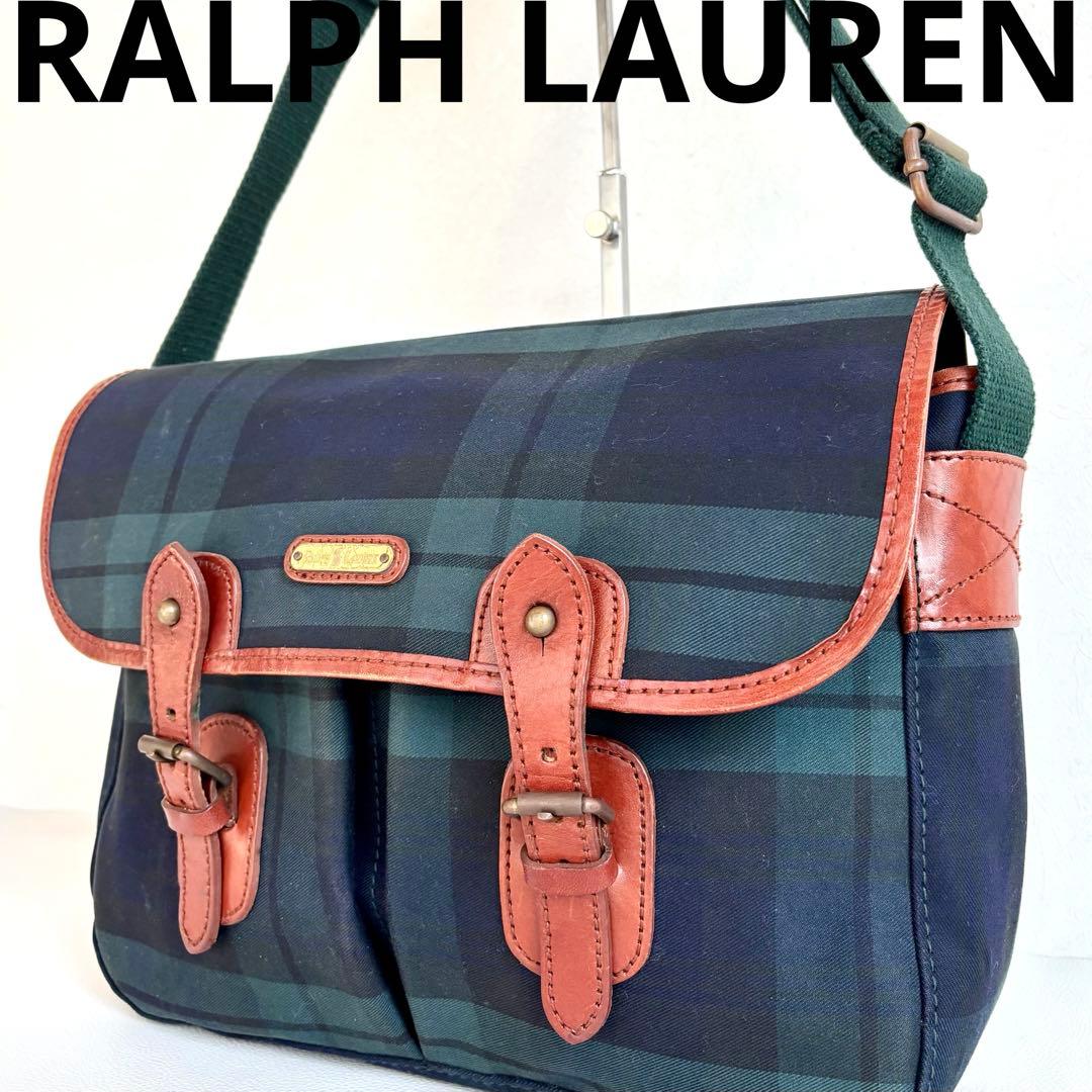 【美品】【ラルフローレン】グリーン チェック ショルダーメッセンジャーバッグ