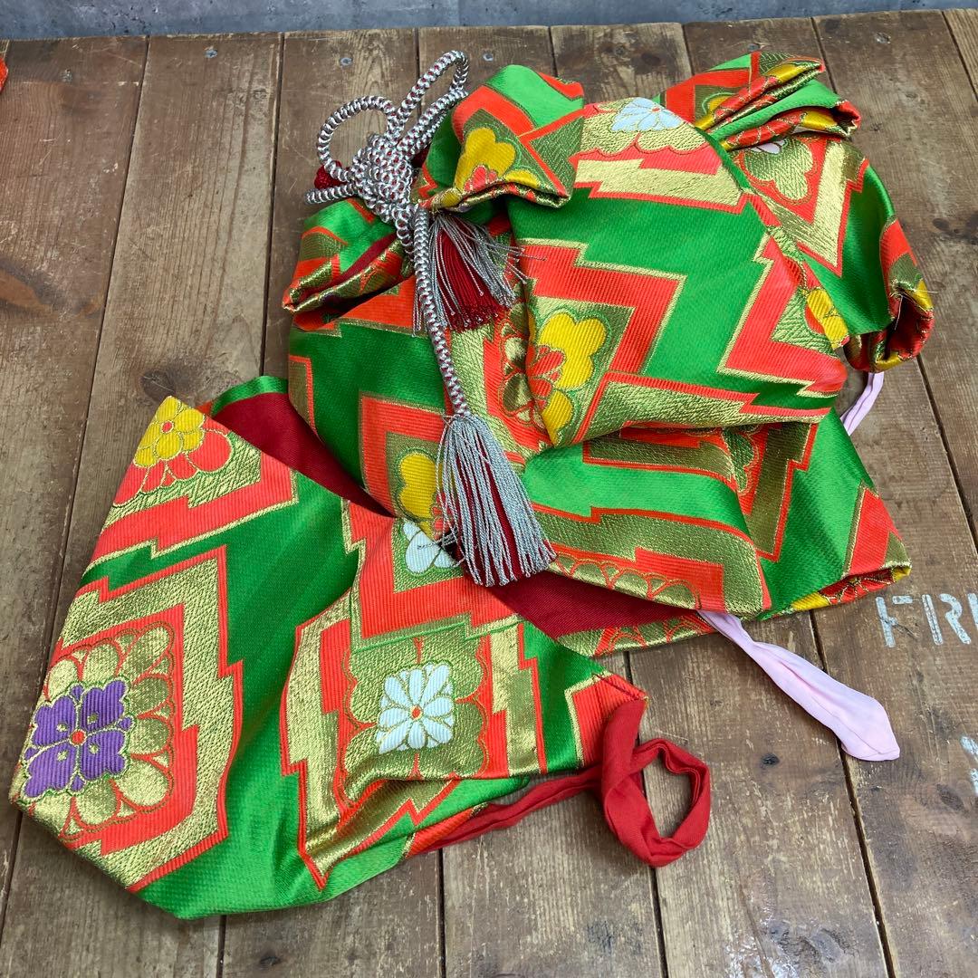 【極美品】七五三 7歳 和装小物セット 結び帯 草履 バッグ 筥迫 緑×金 豪華