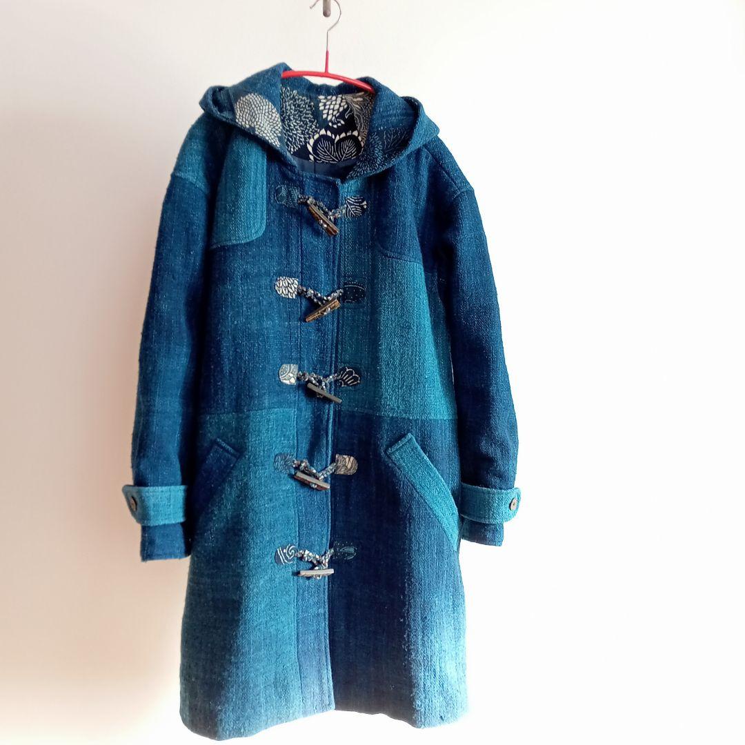 古布 リメイク 藍染 型染 パッチワーク ウール ダッフルコート 大きいサイズ