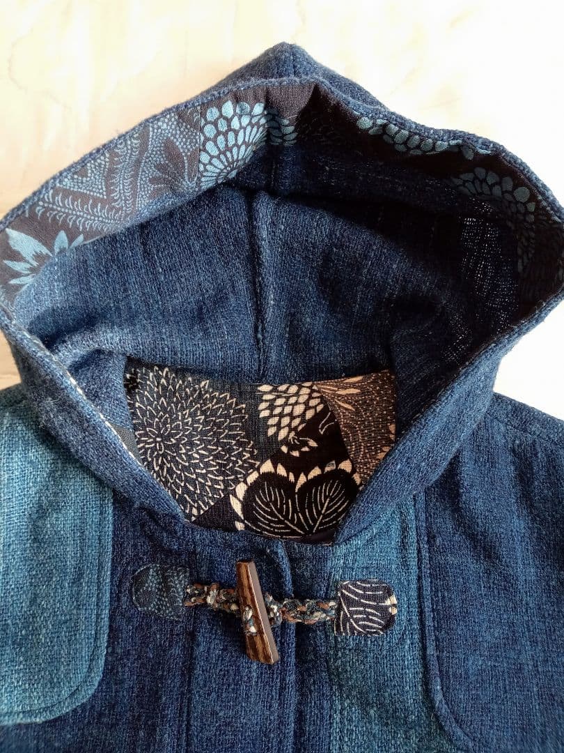 古布 リメイク 藍染 型染 パッチワーク ウール ダッフルコート 大きいサイズ