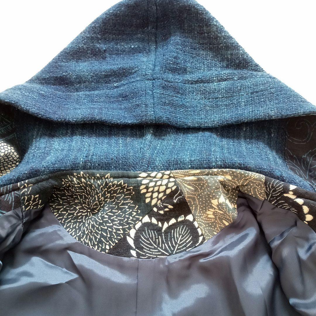古布 リメイク 藍染 型染 パッチワーク ウール ダッフルコート 大きいサイズ