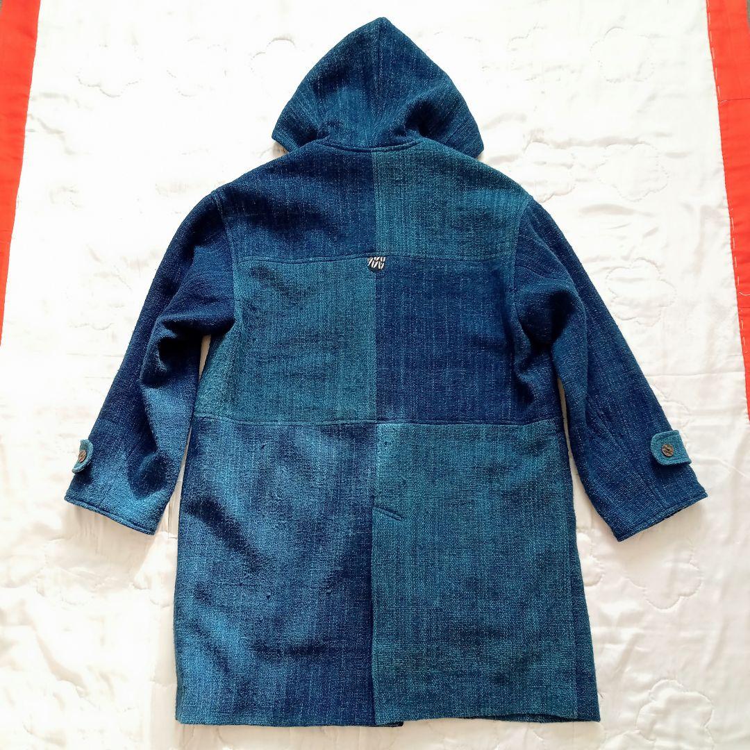 古布 リメイク 藍染 型染 パッチワーク ウール ダッフルコート 大きいサイズ