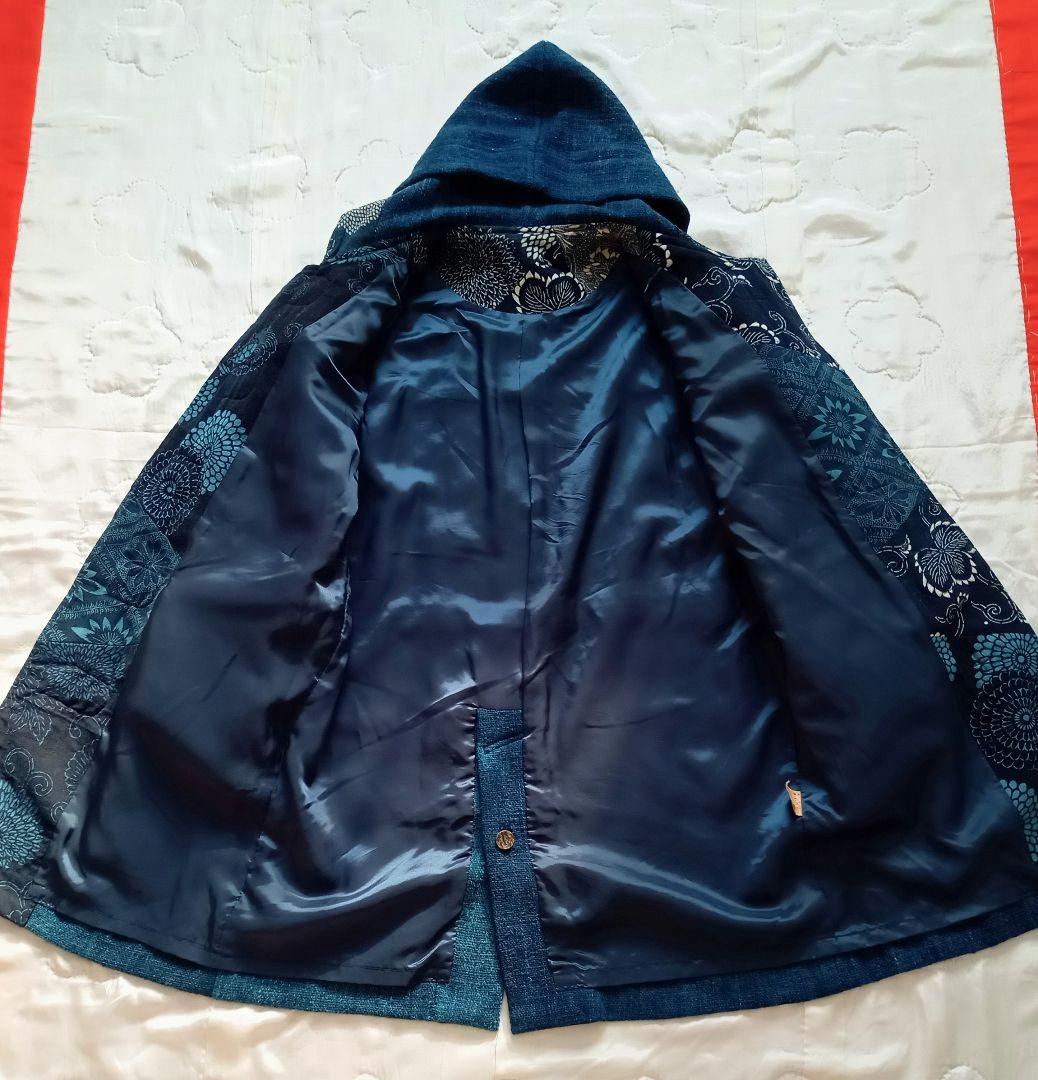 古布 リメイク 藍染 型染 パッチワーク ウール ダッフルコート 大きいサイズ