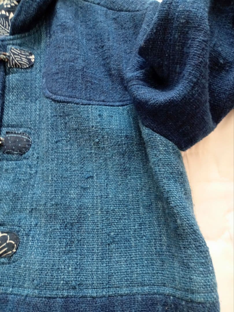 古布 リメイク 藍染 型染 パッチワーク ウール ダッフルコート 大きいサイズ