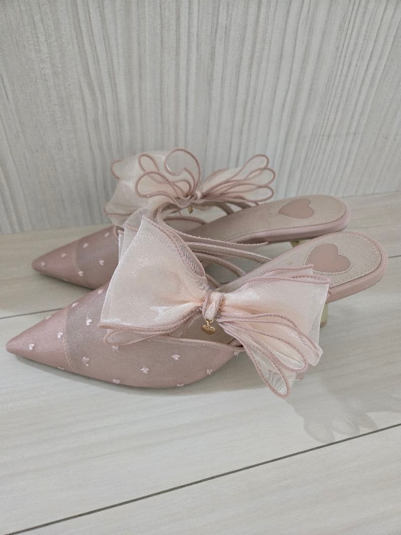 箱あり RANDA シフォンリボンハートパンプスピンクLL(24.5)