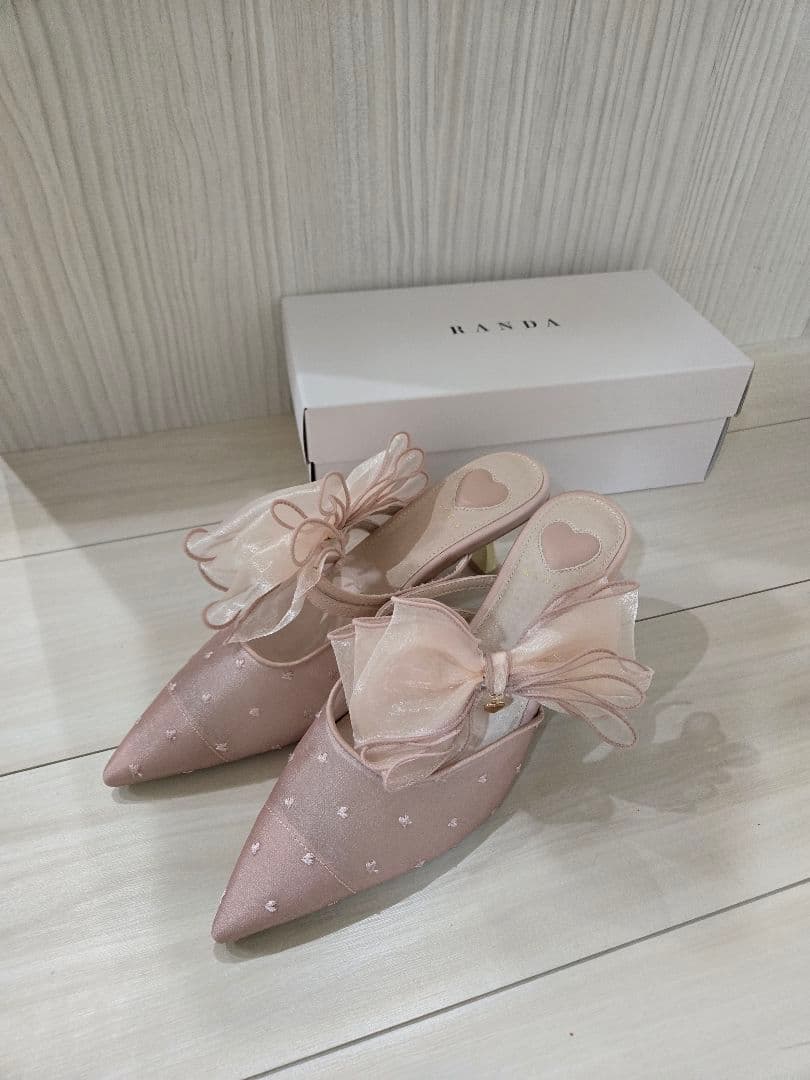 箱あり RANDA シフォンリボンハートパンプスピンクLL(24.5)