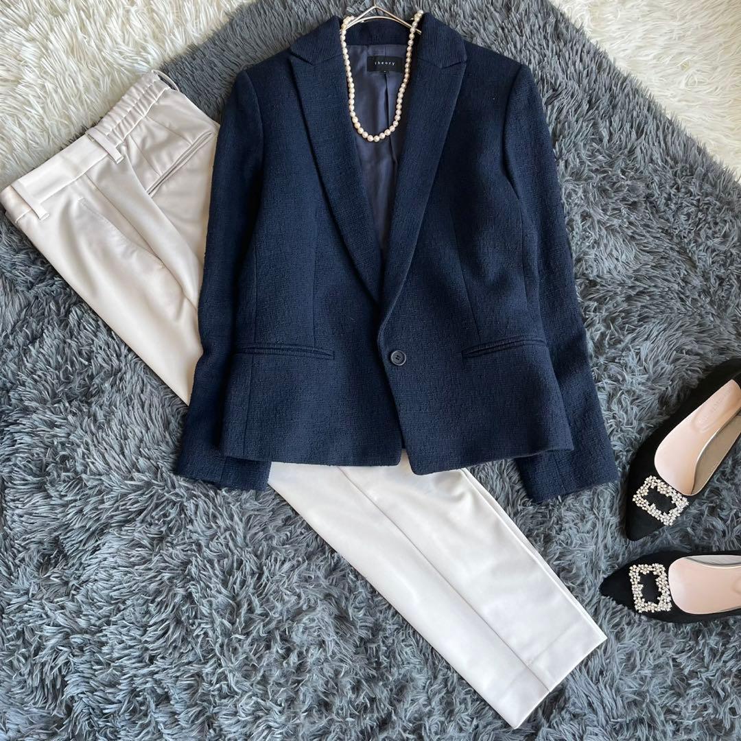 theory×PLST ツイードジャケット パンツスーツ セットアップ 濃紺 S