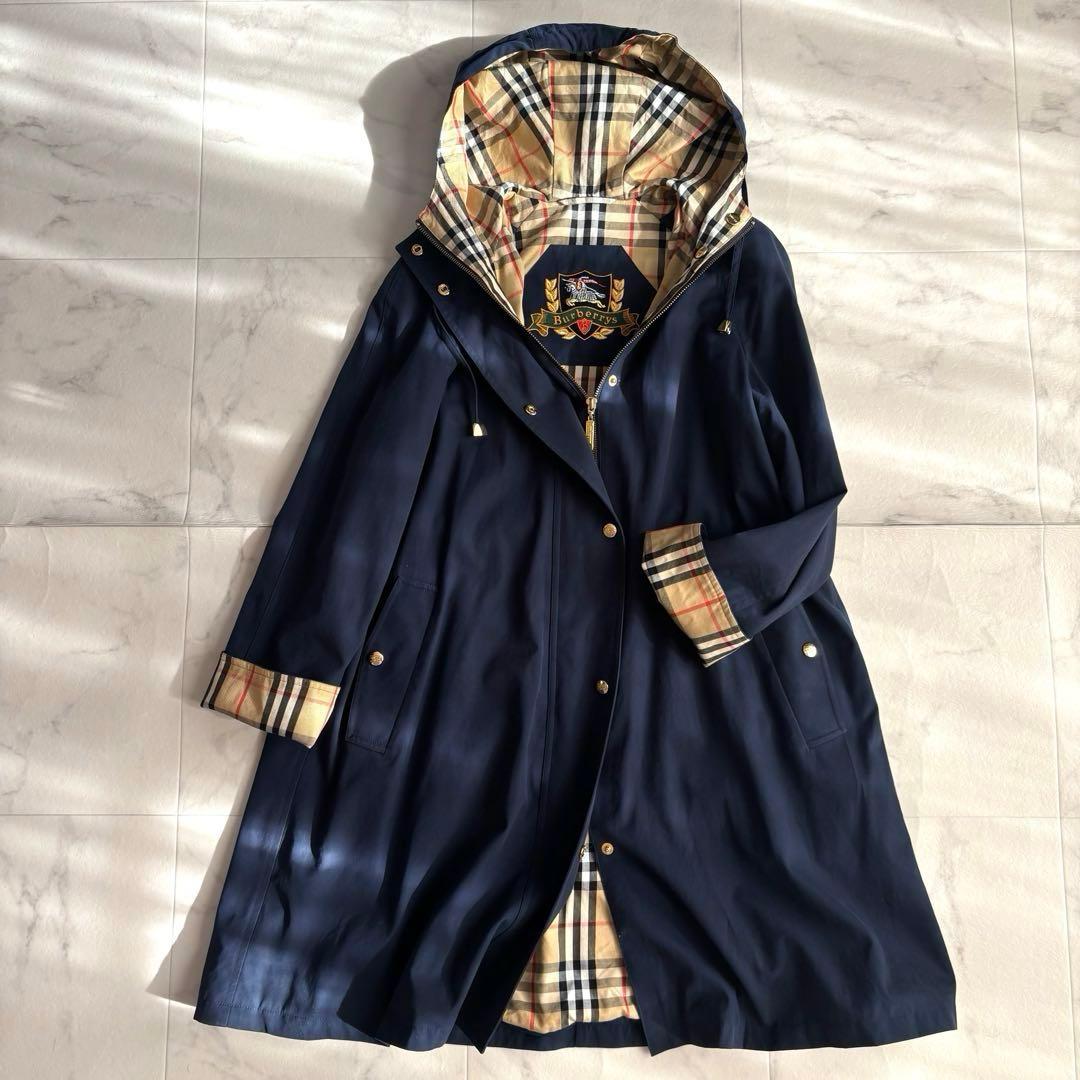 希少♪Burberry バーバリー ヴィンテージ フーデットコート ネイビー