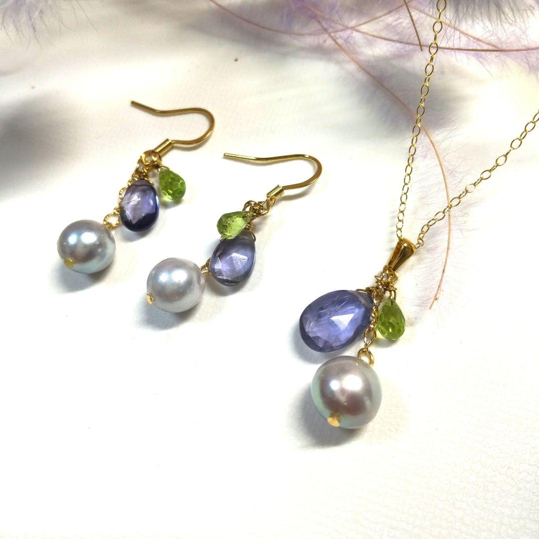宝石質アイオライト、宝石質ペリドット、あこや本真珠ピアス・ネックレスセット