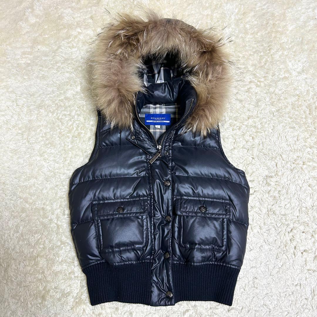 極美品✨ バーバリーブルーレーベル ダウンベスト ノバチェック ラクーンファー