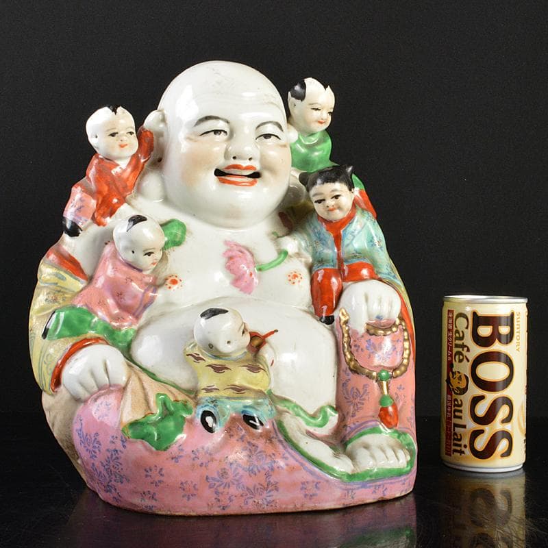 中国　景徳鎮　粉彩　布袋唐子像　置物　V　R7372