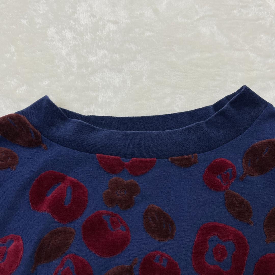 ann吉　ベロア切り替えプルオーバー　柿柄　フロッキープリント　ネイビー