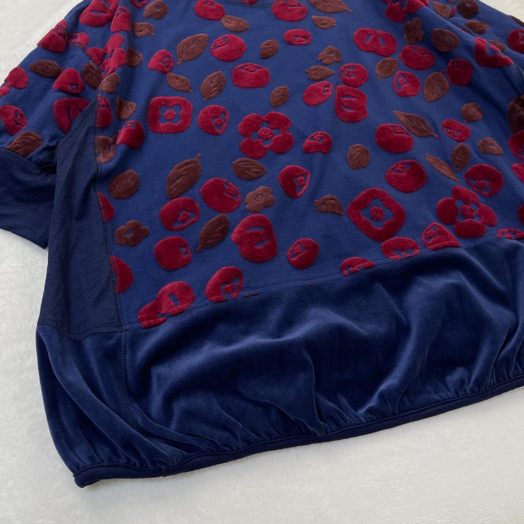 ann吉　ベロア切り替えプルオーバー　柿柄　フロッキープリント　ネイビー