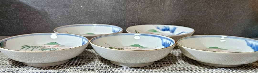 江戸時代　古伊万里　染錦　中国明代　古赤絵写　山水釣り人図　12.3cm皿　5客