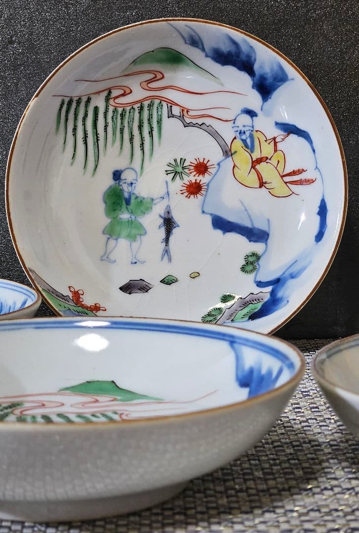 江戸時代　古伊万里　染錦　中国明代　古赤絵写　山水釣り人図　12.3cm皿　5客