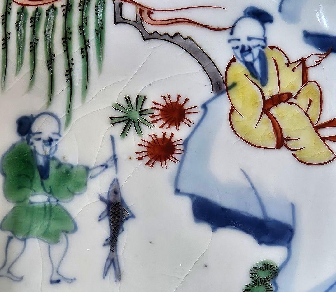 江戸時代　古伊万里　染錦　中国明代　古赤絵写　山水釣り人図　12.3cm皿　5客