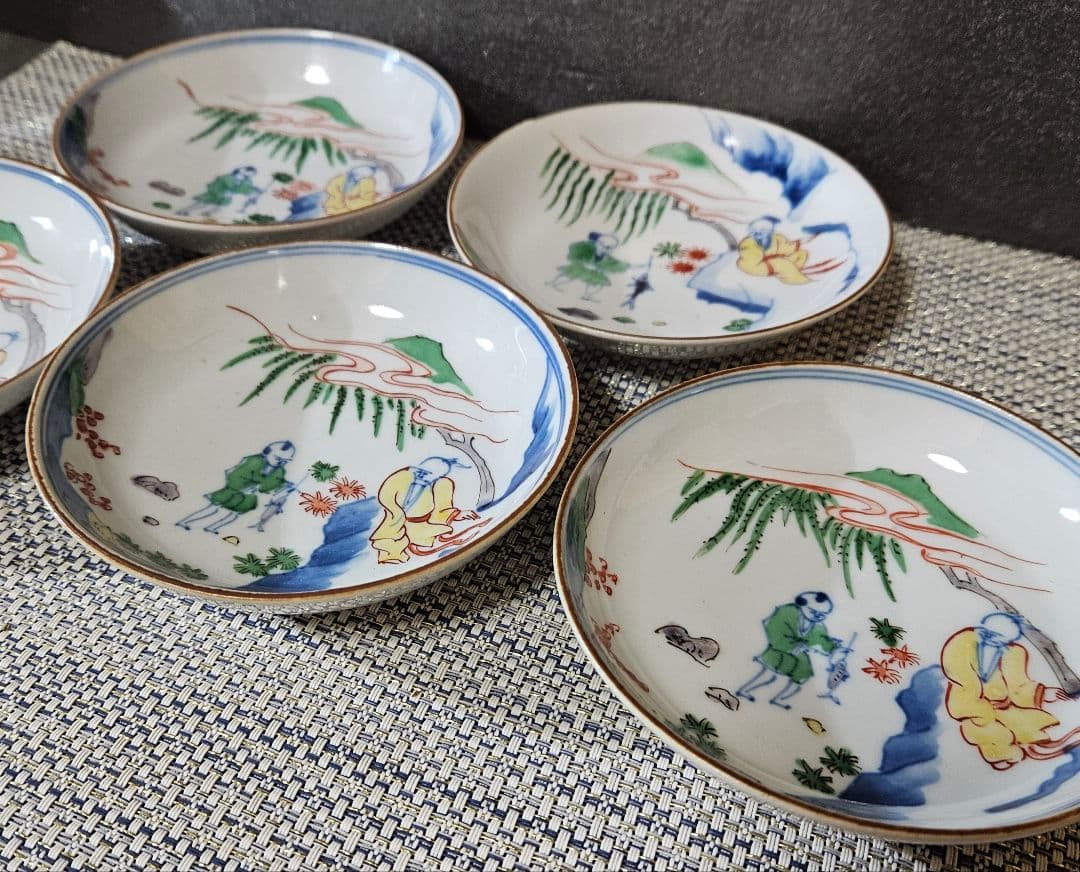 江戸時代　古伊万里　染錦　中国明代　古赤絵写　山水釣り人図　12.3cm皿　5客