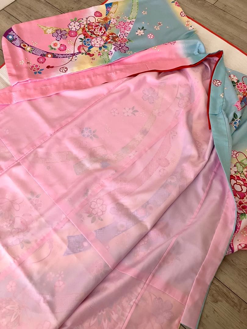 美品！７歳着物 ピンク 水色 花柄