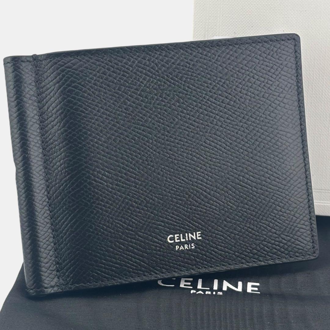 未使用品級 セリーヌ マネークリップ 二つ折り財布 ロゴ シボ革 レザー 黒