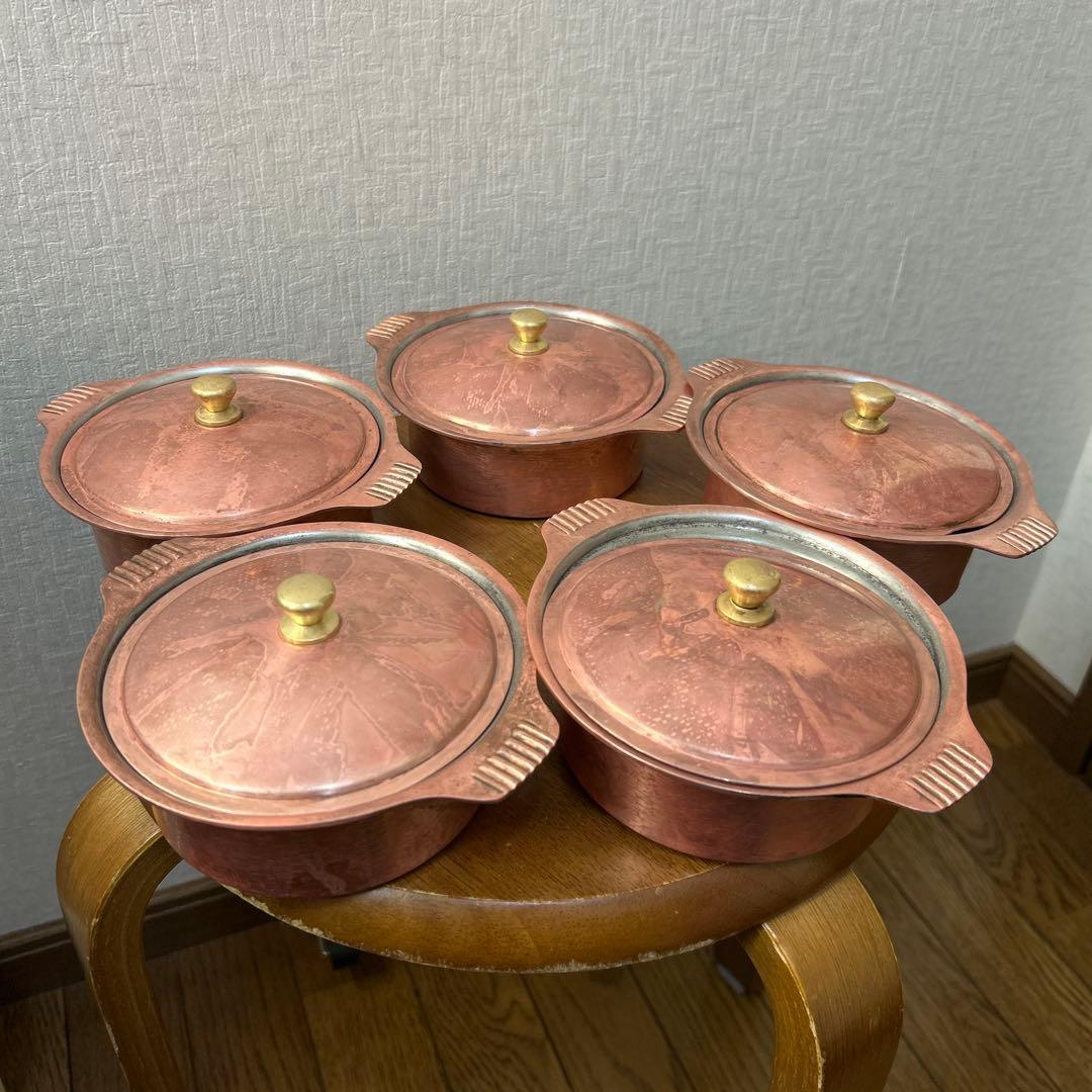 銅製 丸型鍋 5個セット 蓋付き　14センチ