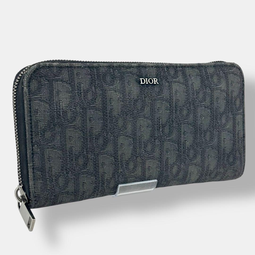 美品 ディオール ラウンドファスナー 長財布 オブリーク ジャガード ブラック