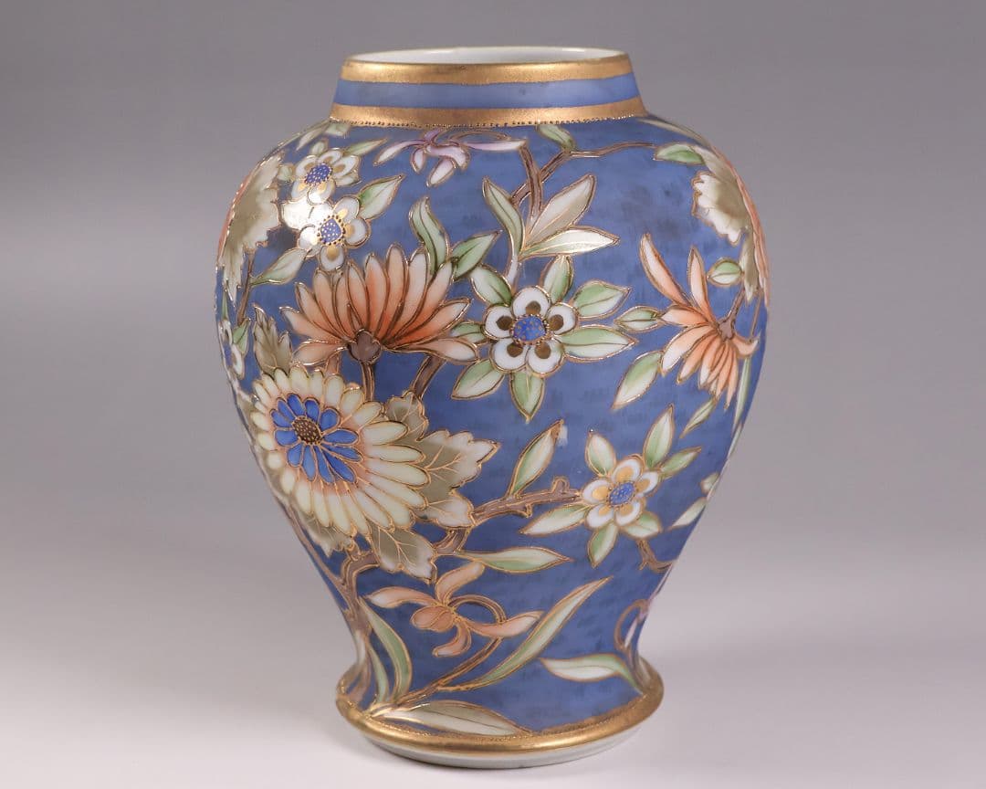 【CM306】オールドノリタケ 草花 花瓶 高17.5cm 金彩 花入 青 明治