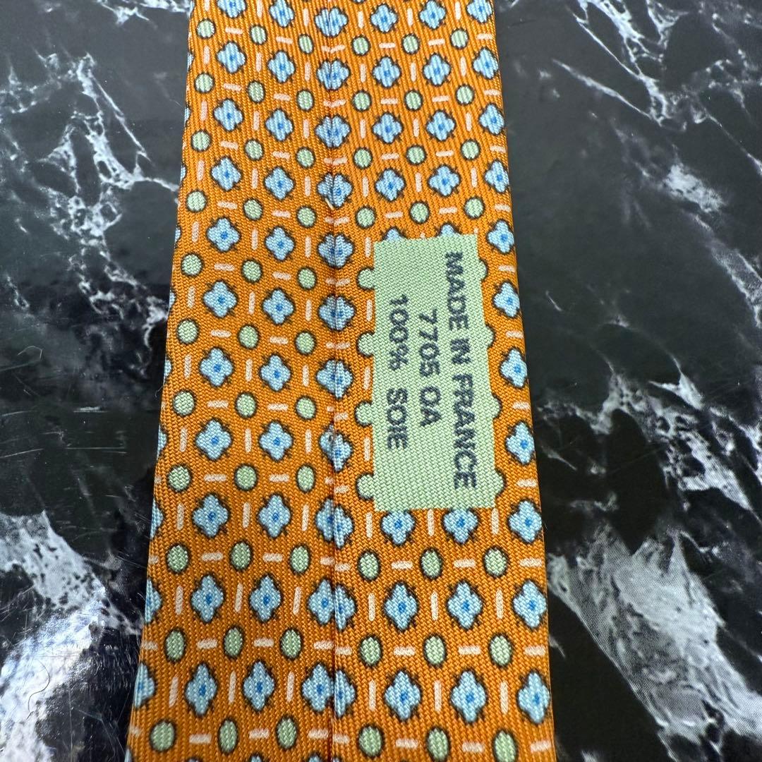 HERMES エルメス 花柄 オレンジ ネクタイ 外箱 ショッパー リボン付き