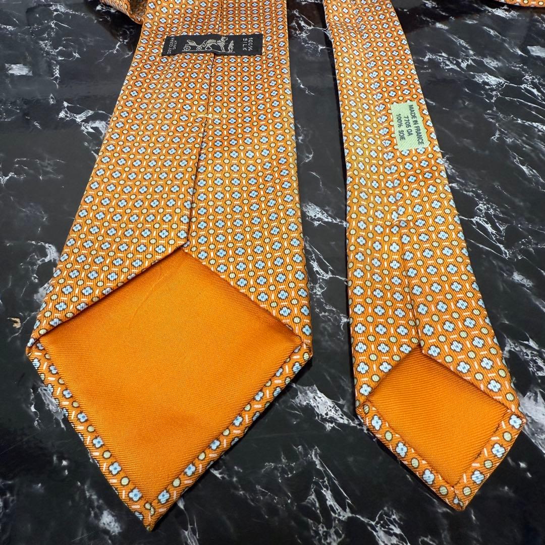 HERMES エルメス 花柄 オレンジ ネクタイ 外箱 ショッパー リボン付き