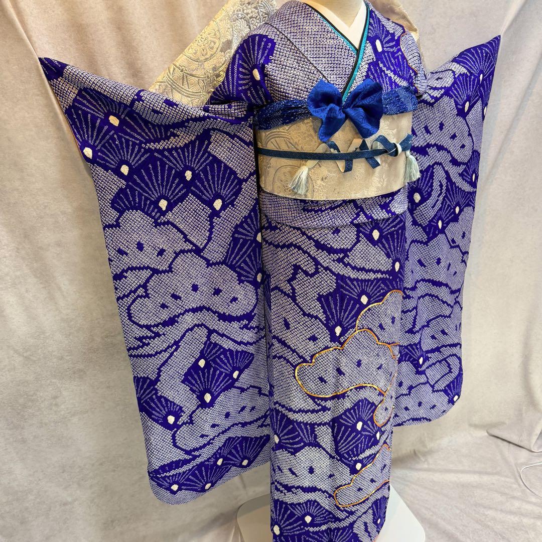 総絞り　美品　振袖六点フルセット　157〜167cm　裄長め　青