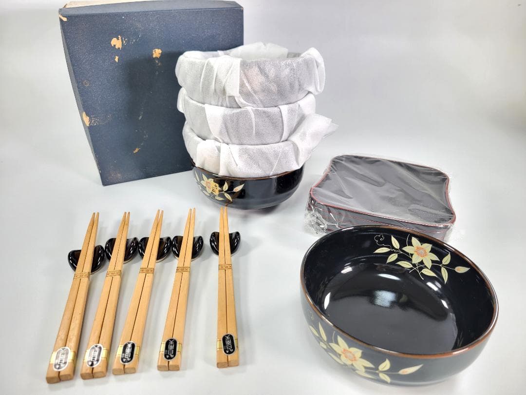 【送料無料・長期保管未使用】有田焼 慶斎 多用丼 小皿 箸置き 箸 5客セット