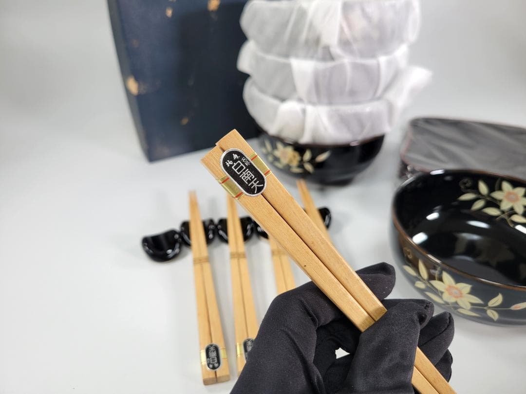 【送料無料・長期保管未使用】有田焼 慶斎 多用丼 小皿 箸置き 箸 5客セット