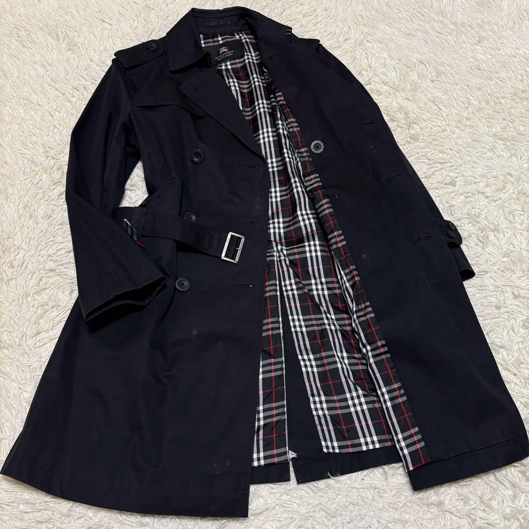 希少 バーバリーブラックレーベル トレンチコート チェック 黒 ロング丈