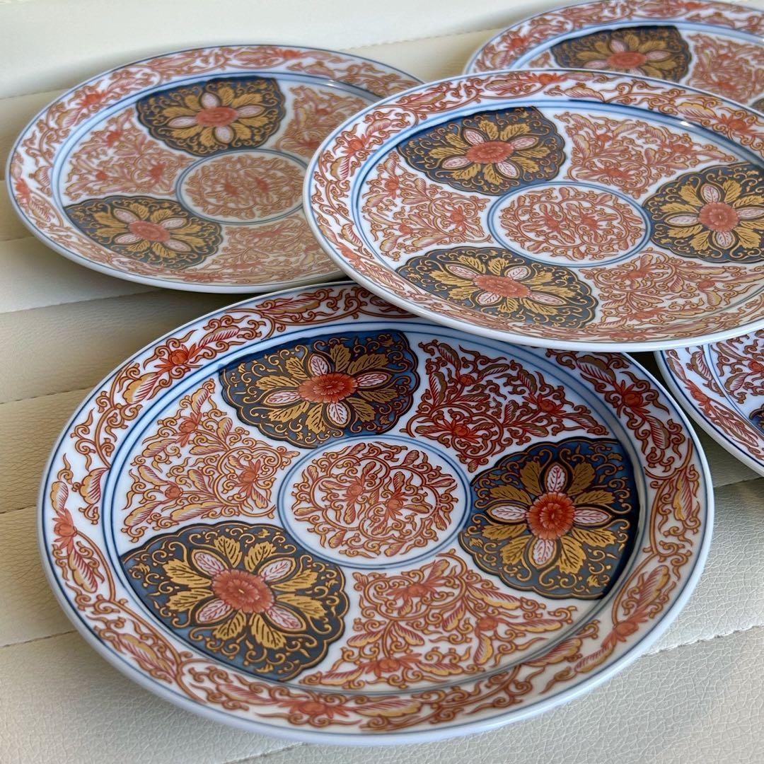 高級有田焼　幸楽窯　金彩古代花唐草　献上古伊万里　中皿　5枚セット　和皿　銘々皿