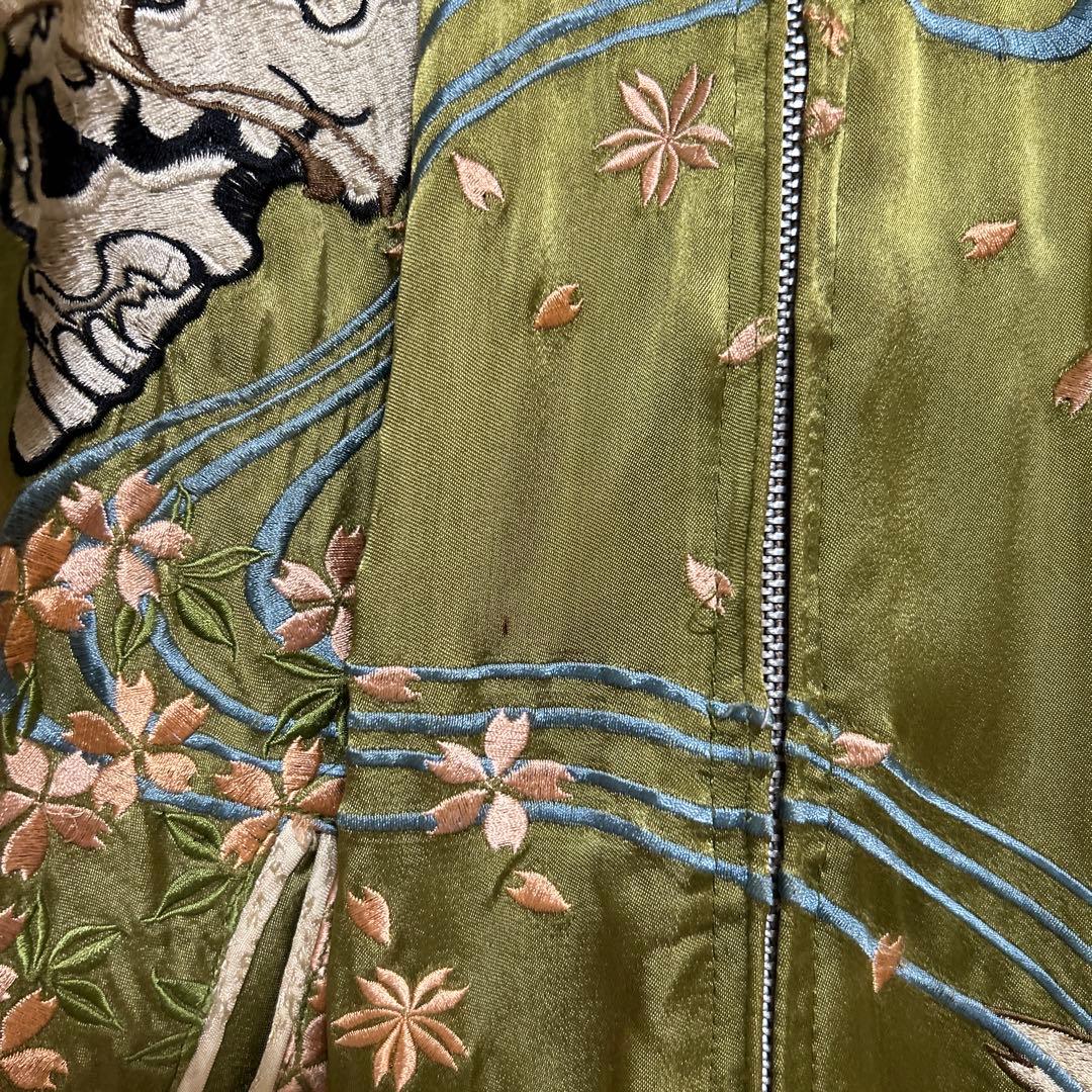 花旅楽団 スカジャン リバーシブル ドクロ 和柄 桜　カーキ✖︎ベージュ　L