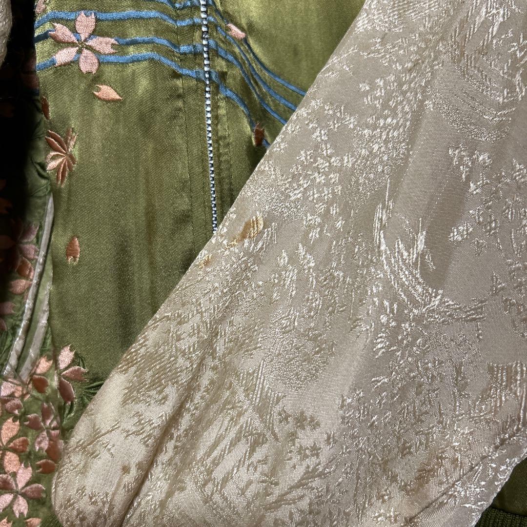 花旅楽団 スカジャン リバーシブル ドクロ 和柄 桜　カーキ✖︎ベージュ　L