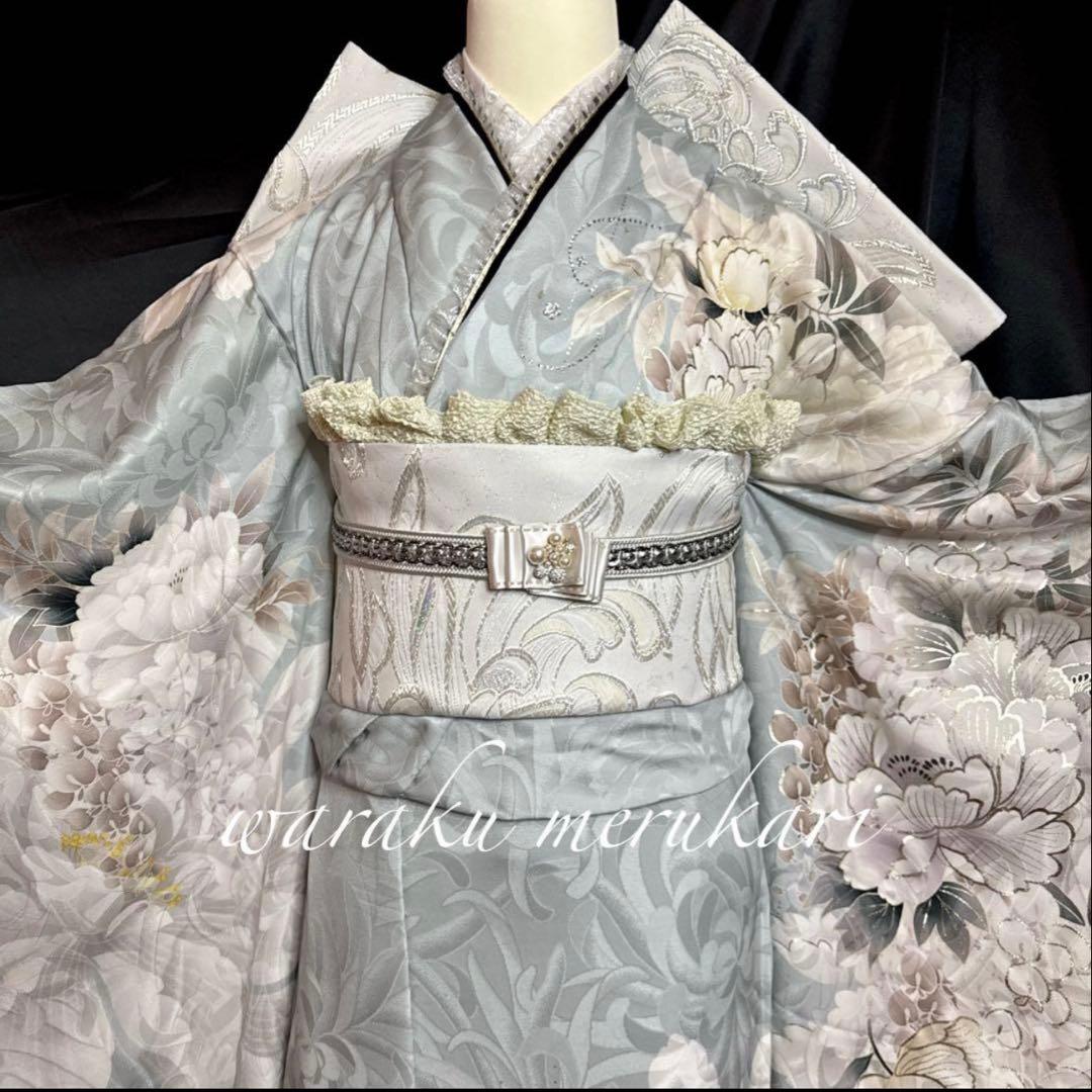 ♦︎くすみ水色♦︎銀彩加工♦︎豪華刺繍♦︎牡丹紋♦︎成人式♦︎✳︎特急対応