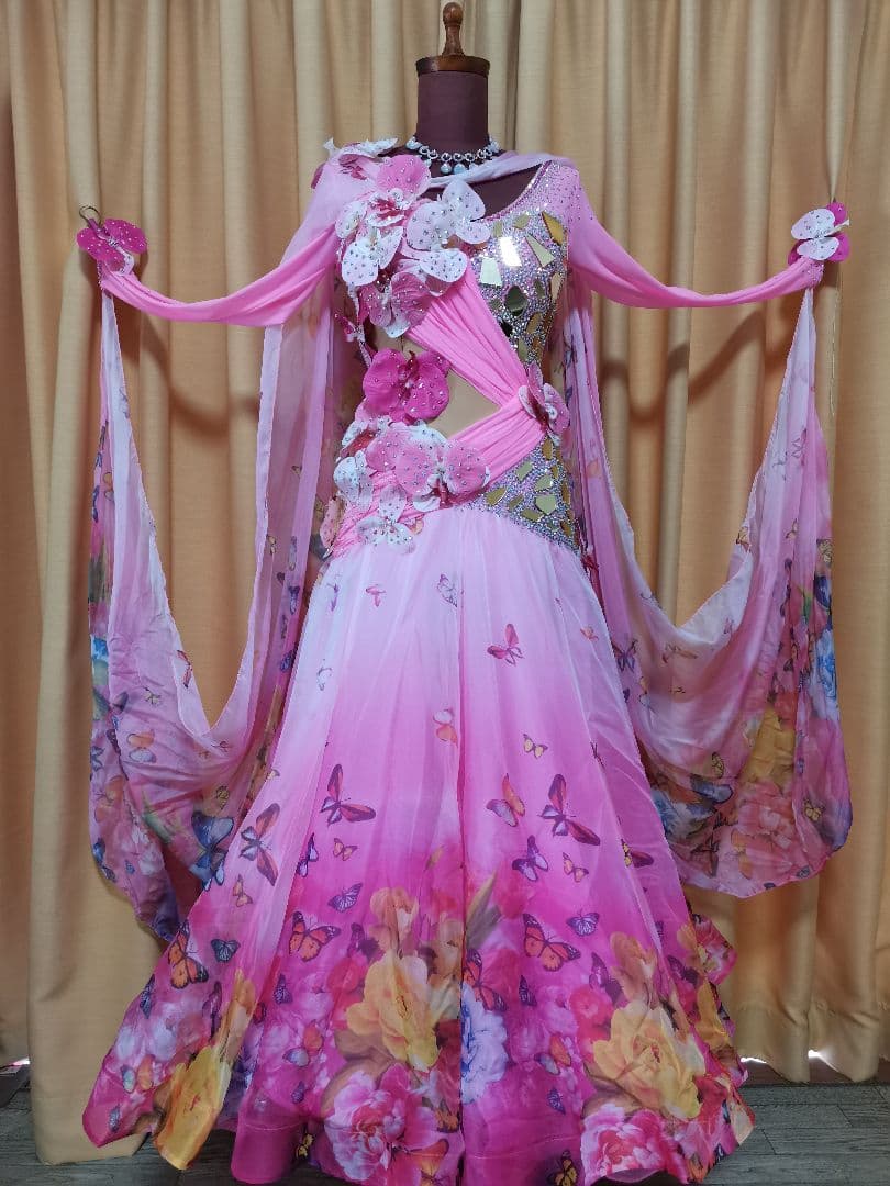 TY社交ダンス スタンダードドレス デモ競技 M　ピンク花柄　豪華
