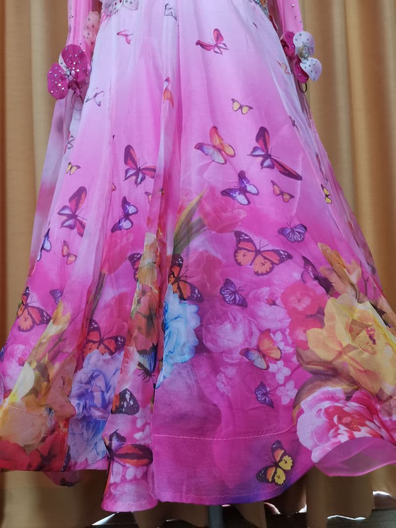 TY社交ダンス スタンダードドレス デモ競技 M　ピンク花柄　豪華