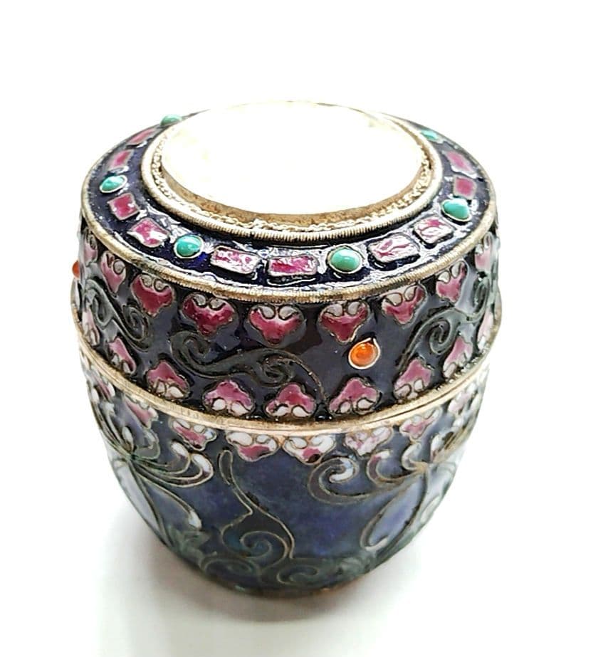 中国美術 銀七宝花文棗 青棗　青い小物入　ジュエリーボックス　箱もの