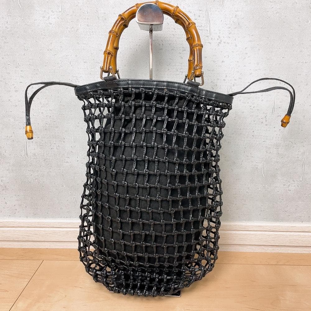 GUCCI バンブー 編み込み 巾着 かごバッグ ブラック 黒 レザー オールド
