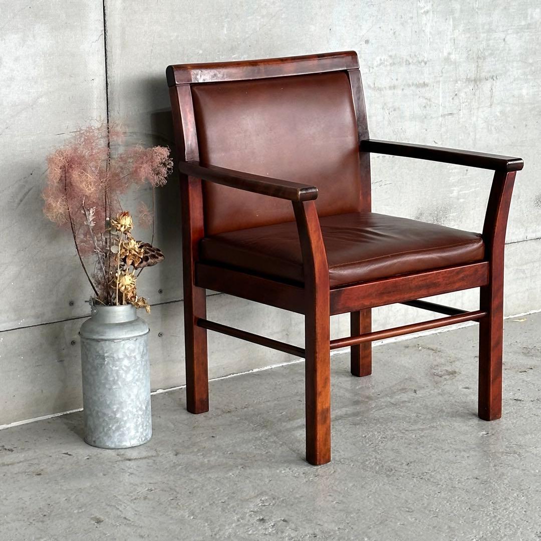 ★1980年代★morishigeオリーブ印 アームチェア 本革 国産高級家具①