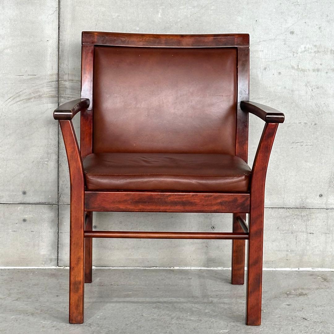 ★1980年代★morishigeオリーブ印 アームチェア 本革 国産高級家具①