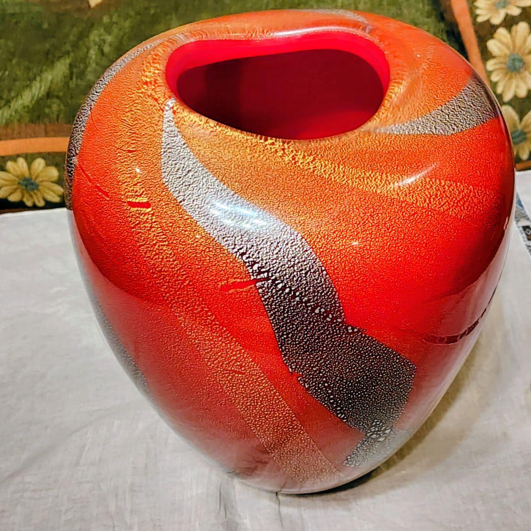 【極美品】琉球ガラス 名工 末吉清一作 大壺 花瓶 共箱・経歴書付 金箔 銀箔