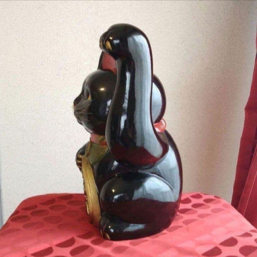 2/9迄特別値引✨存在感抜群！厄除け招き猫》黒猫左手上げ８号手長 ビンテージ