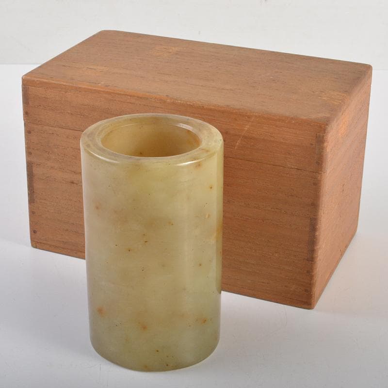 天馬　中国　玉石彫刻　玉器　筆筒　時代箱付　V　R6991