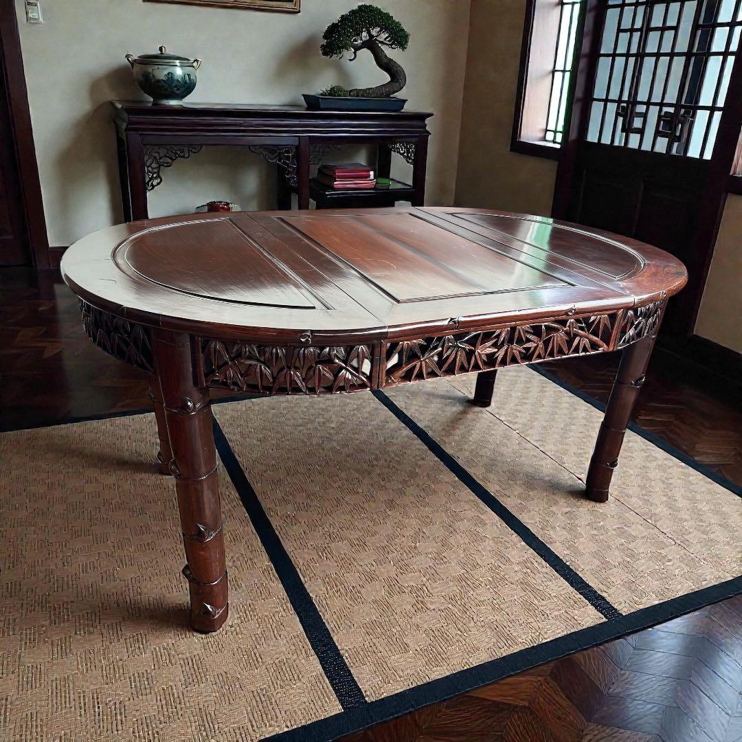 726 中国高級家具 伸長式ダイニングテーブル 無垢材 重厚　細工　彫刻　美品