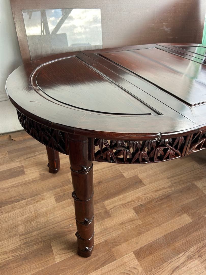 726 中国高級家具 伸長式ダイニングテーブル 無垢材 重厚　細工　彫刻　美品