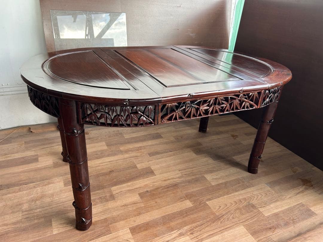 726 中国高級家具 伸長式ダイニングテーブル 無垢材 重厚　細工　彫刻　美品