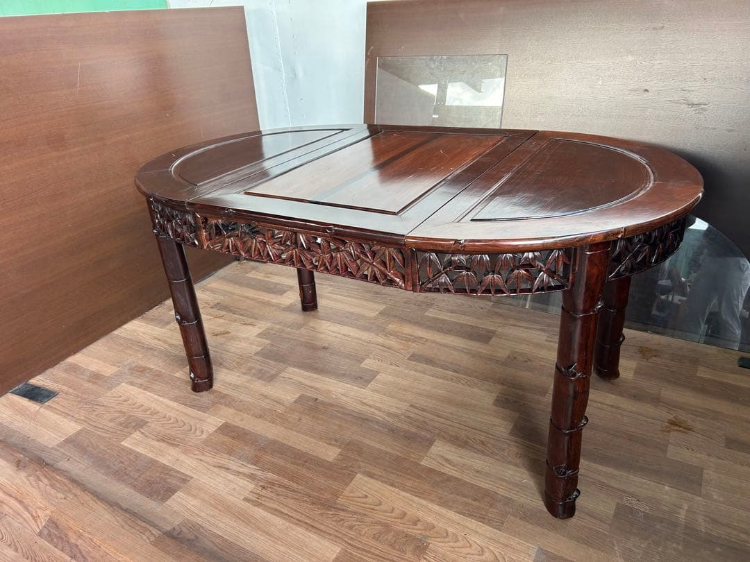 726 中国高級家具 伸長式ダイニングテーブル 無垢材 重厚　細工　彫刻　美品